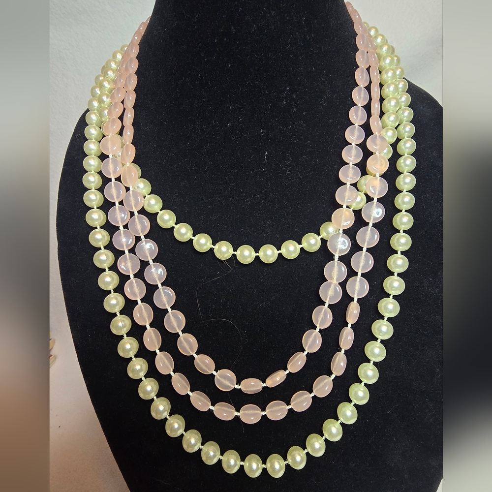 Layered Pink and Pale Green Beaded Necklace - Feminine Multi-Strand Style